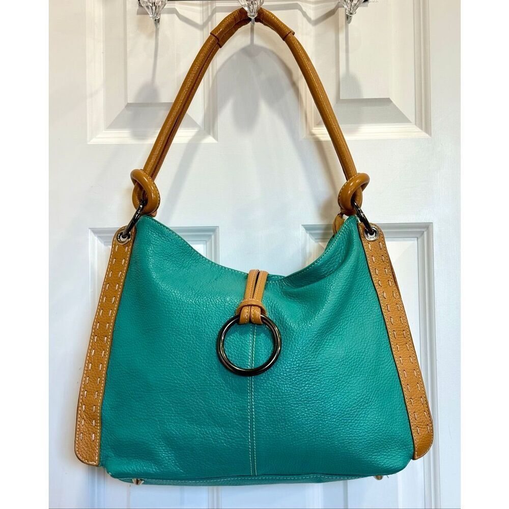 BRAND UNKNOWN - Pebbled Leather Shoulder Bag in Turquoise w/Light Brown Trim